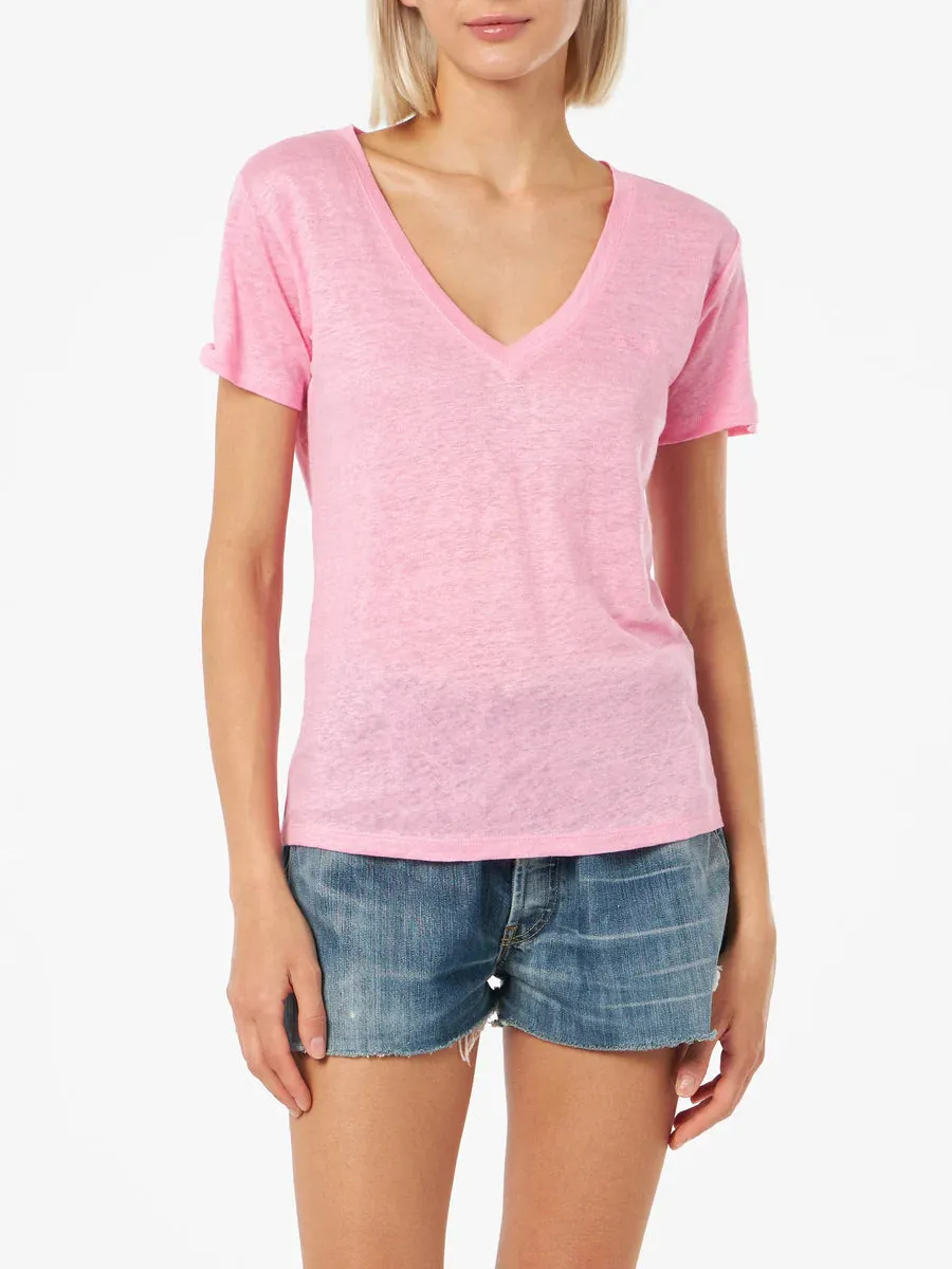 Linen T-Shirt with V-Neck / Pink