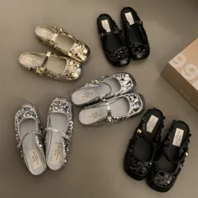 Mocassini piatti Mary Jane con paillettes argento francese, mezze pantofole, stile primaverile ed estivo, scarpe singole con tem