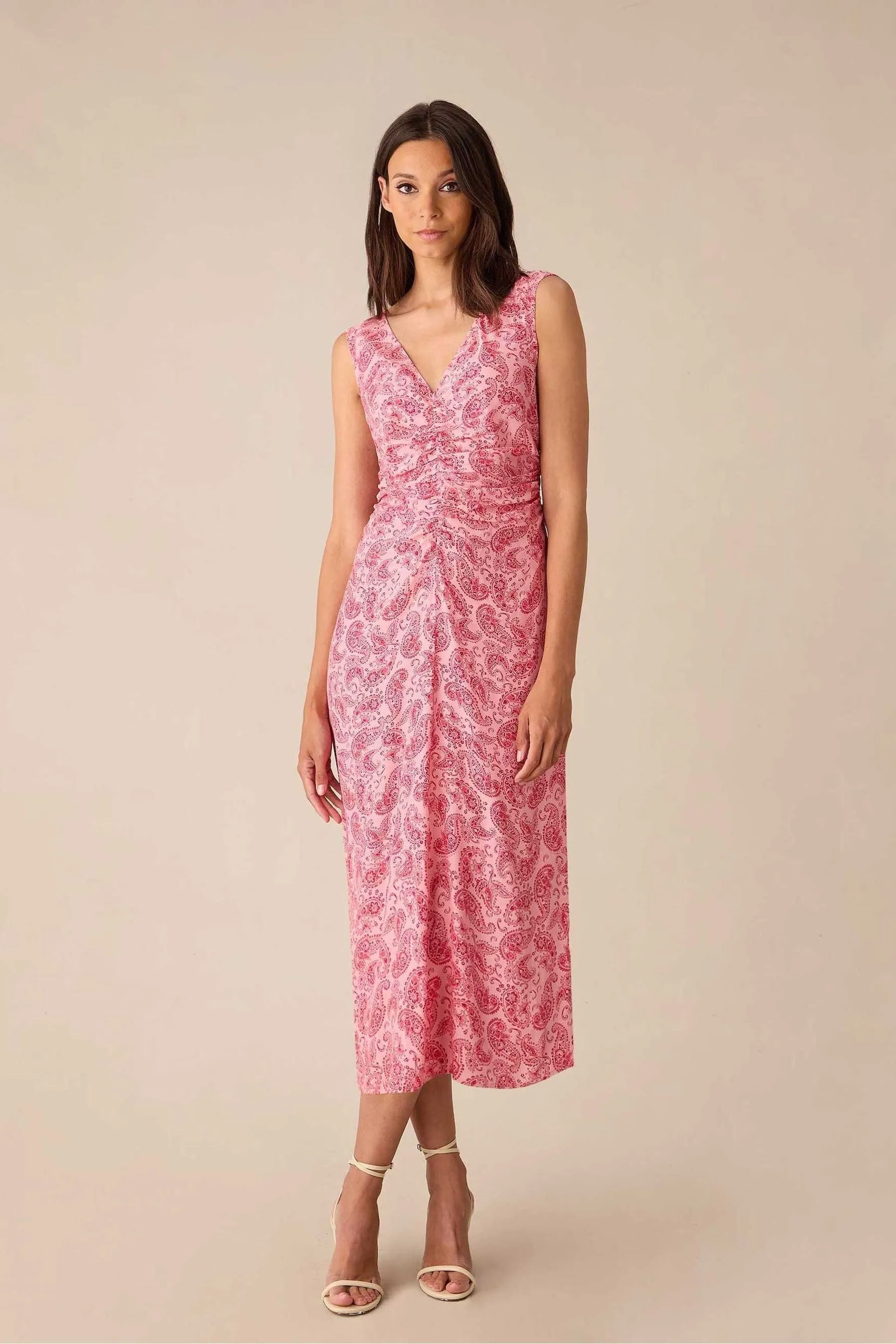 Ro&Zo Pink - Paisley Ruched Front V-Neck Midi Dress