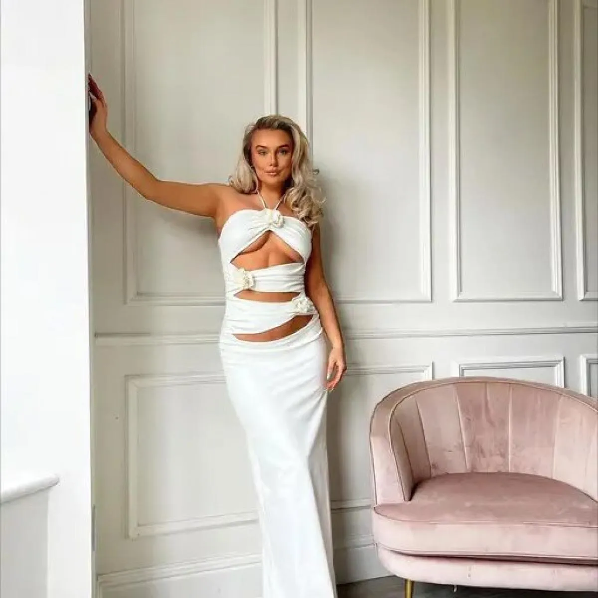 Simple Elegant Pure White Halterneck Cutout Midi Dress  Stretch Satin Long Prom Party Dresses Zipper Back Holiday Event